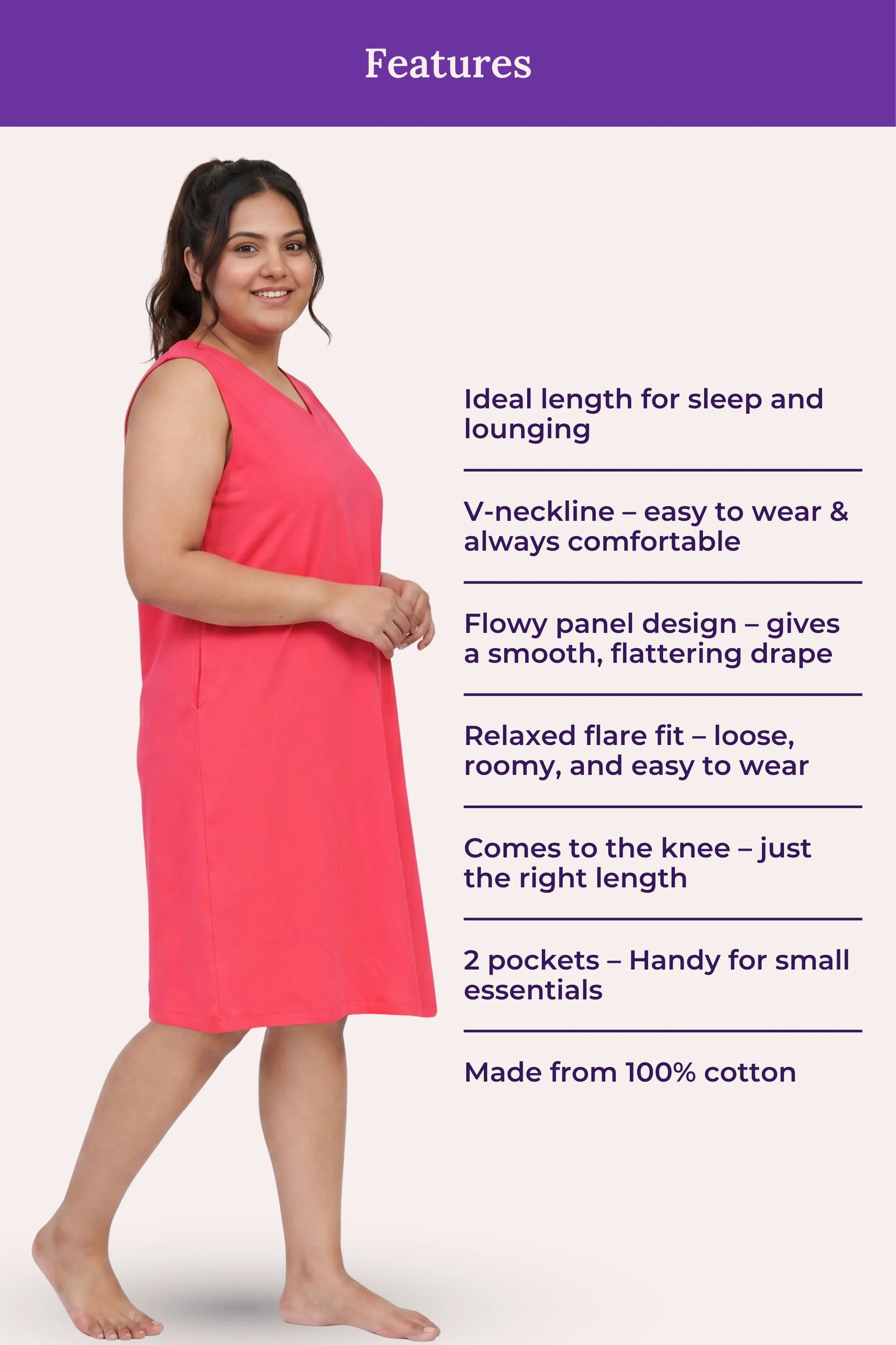 A woman modeling a sleeveless dark pink knee-length dress with a features.