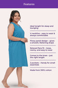 A woman modeling a sleeveless knee-length peacock blue dress with listed features.