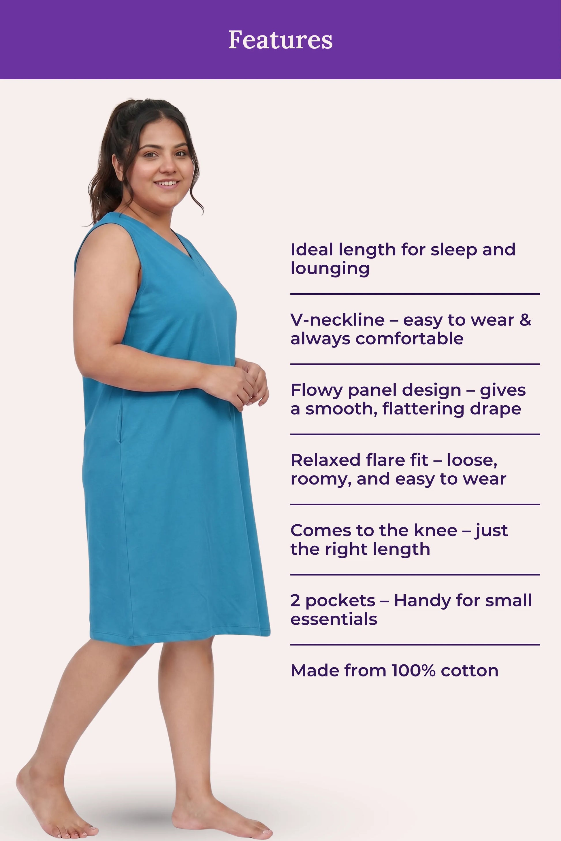 A woman modeling a sleeveless knee-length peacock blue dress with listed features.