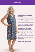 A elder woman wearing a sleeveless knee-length black floral dress with shown features list.