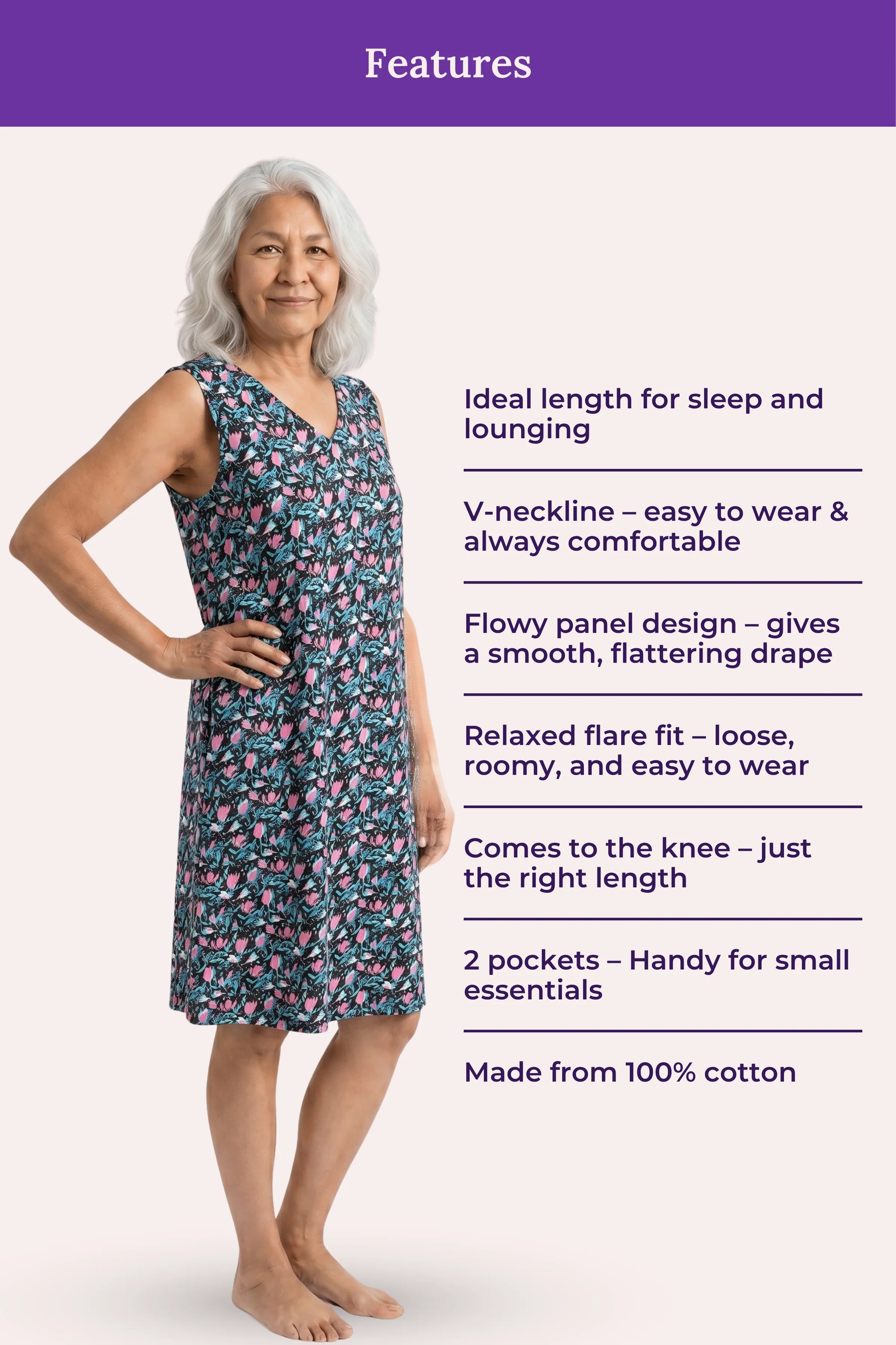 A elder woman wearing a sleeveless knee-length black floral dress with shown features list.