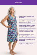 A woman model a knee-length sleeveless nightgown with a blue floral print, shown a list detailing features.
