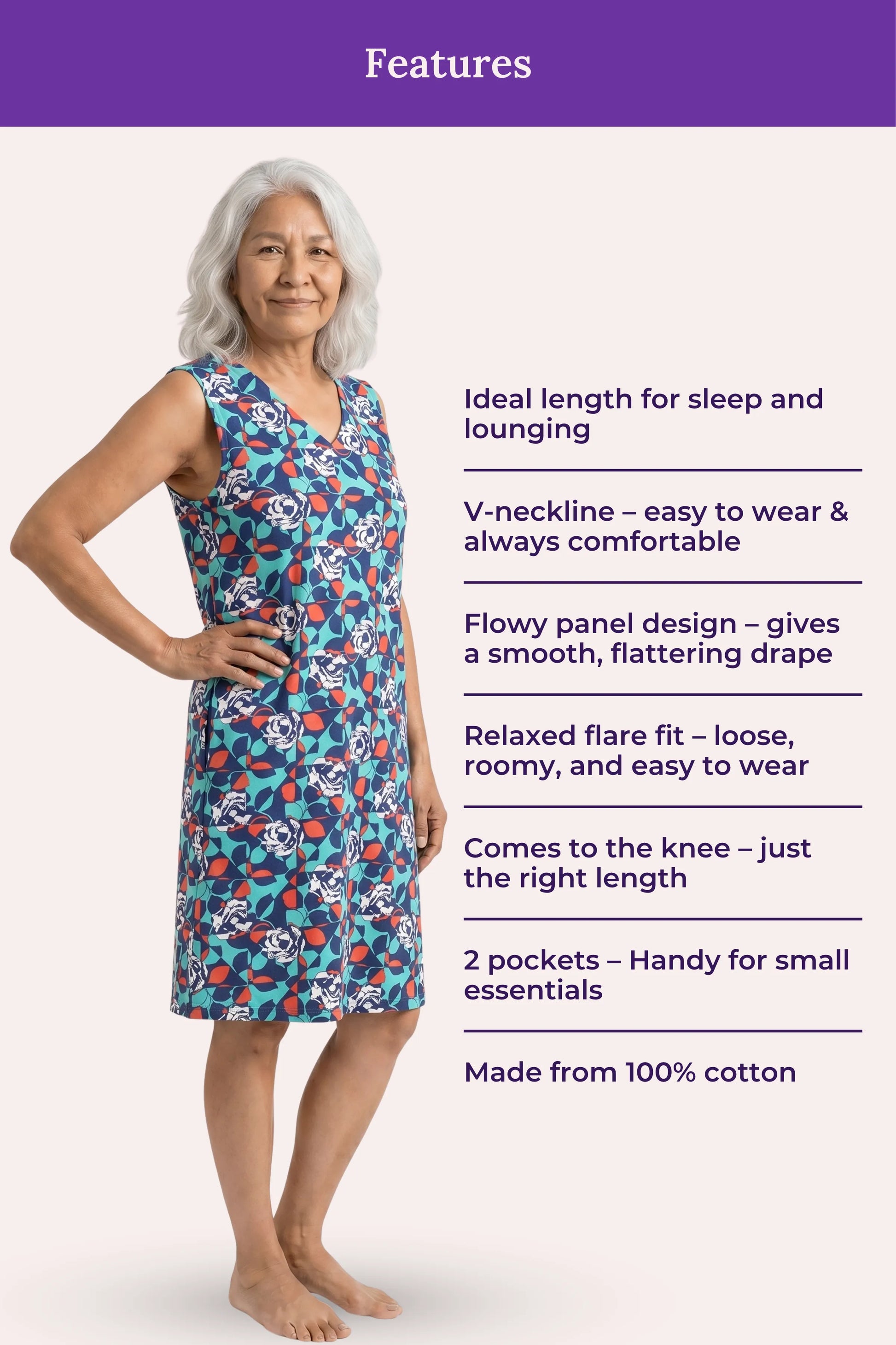 A woman model a knee-length sleeveless nightgown with a blue floral print, shown a list detailing features.