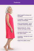 A woman modeling a sleeveless pink dress with listing product features