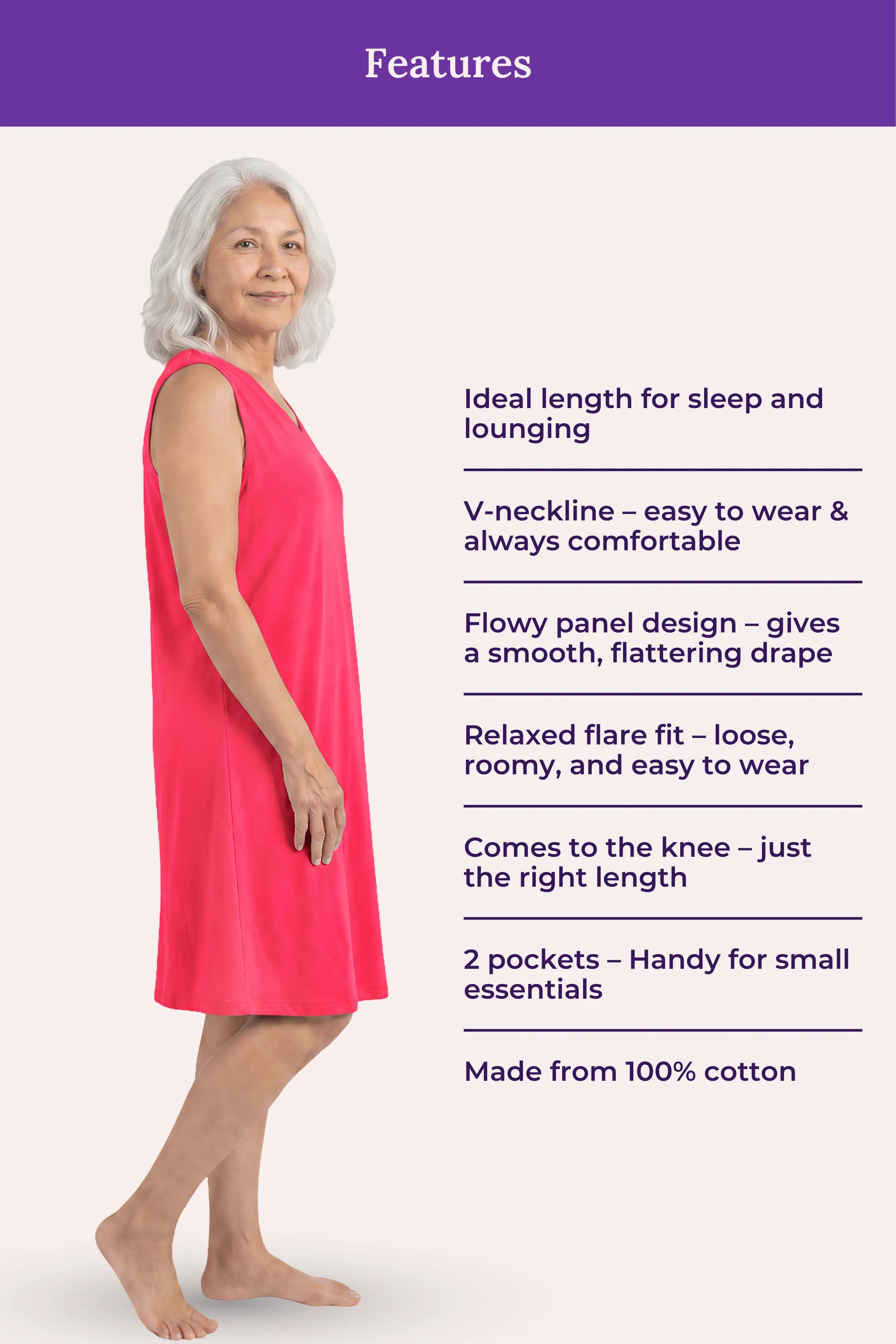 A woman modeling a sleeveless pink dress with listing product features