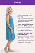 Woman wearing a peacock blue nightgown with listing features