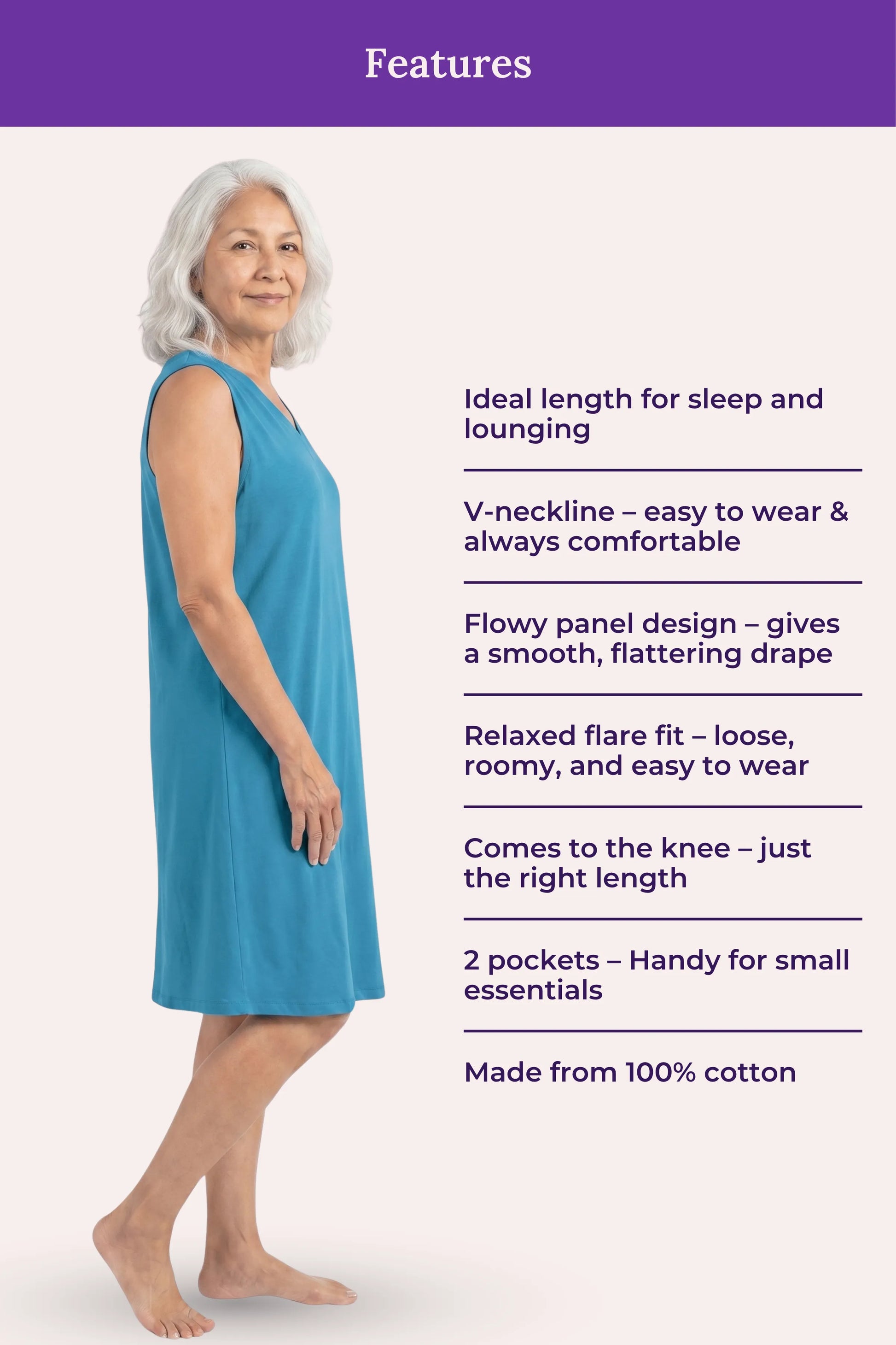Woman wearing a peacock blue nightgown with listing features