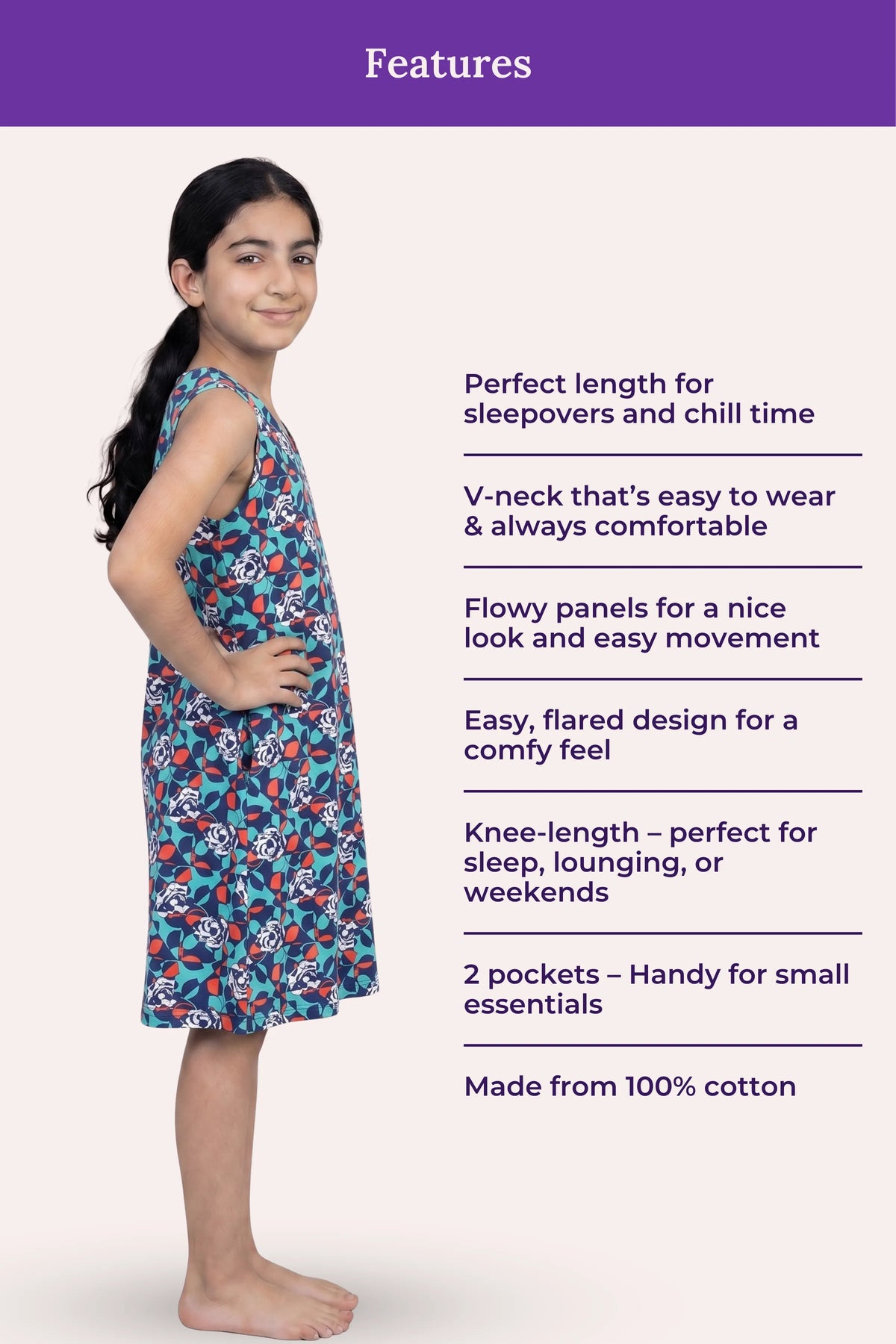 Features Of V-Neck Night Gowns Teen Blue Floral AOP
