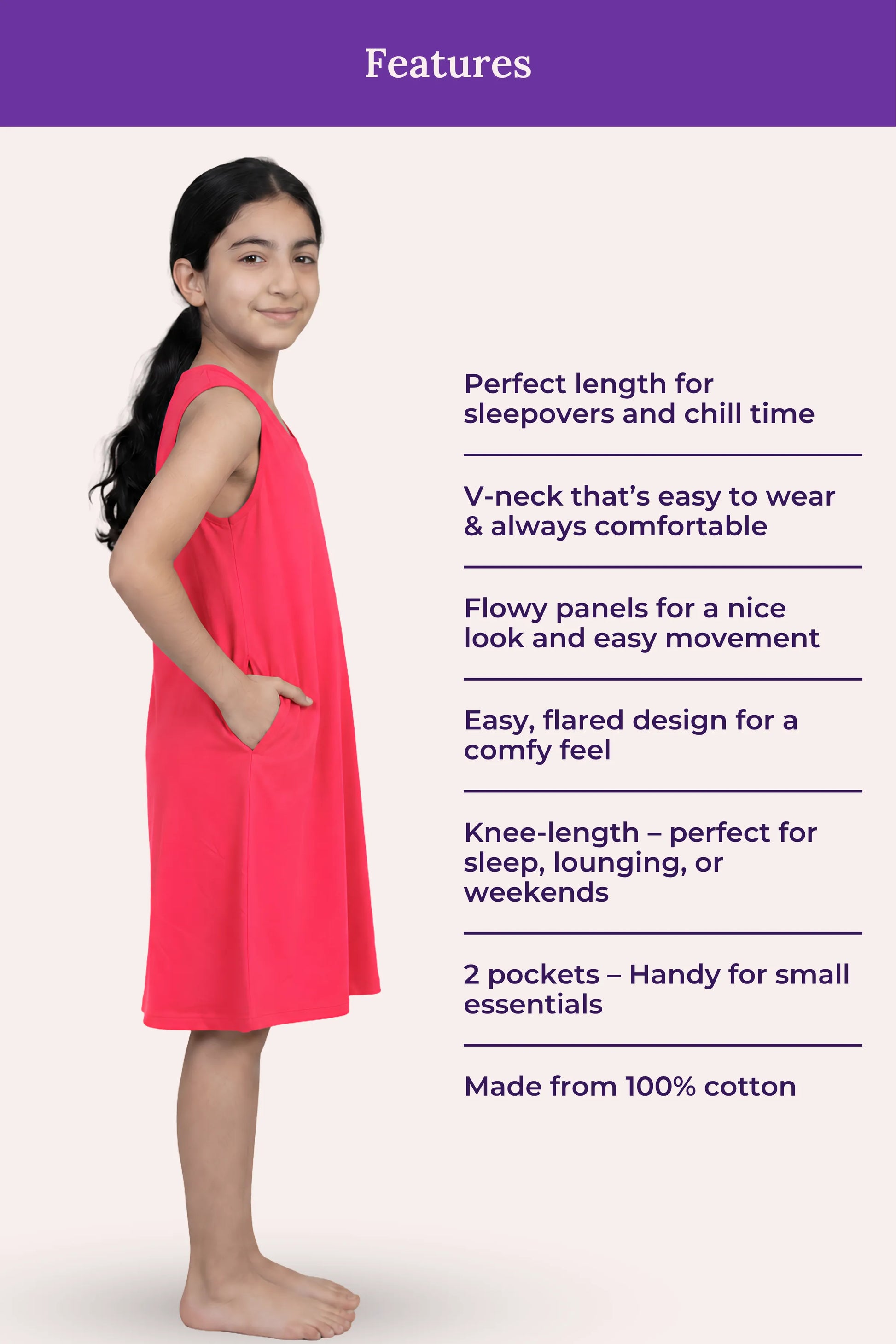 Features Of V-Neck Night Gowns Teen Dark Pink