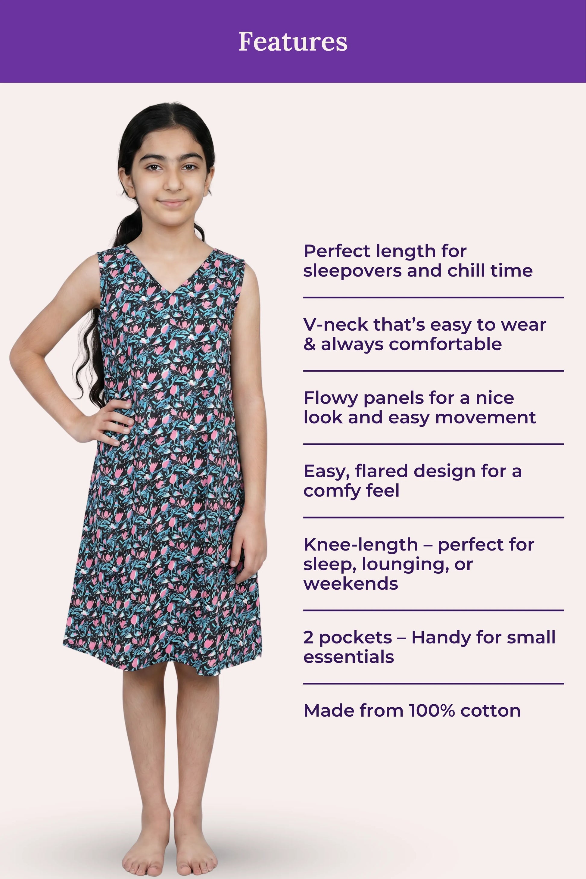 Features Of V-Neck Night Gowns Teen Multicolor