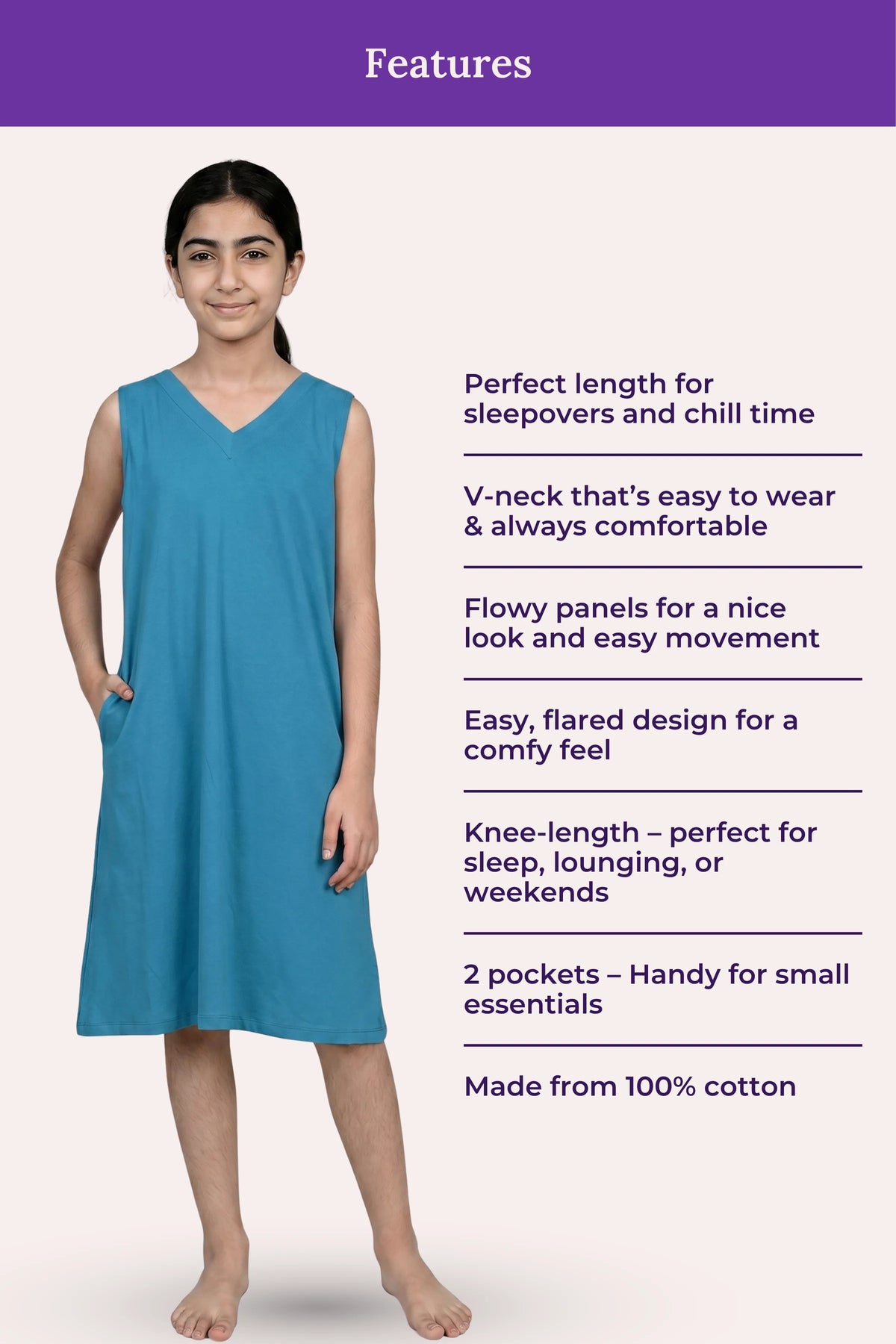 Features Of V-Neck Night Gowns Teen Peacock Blue