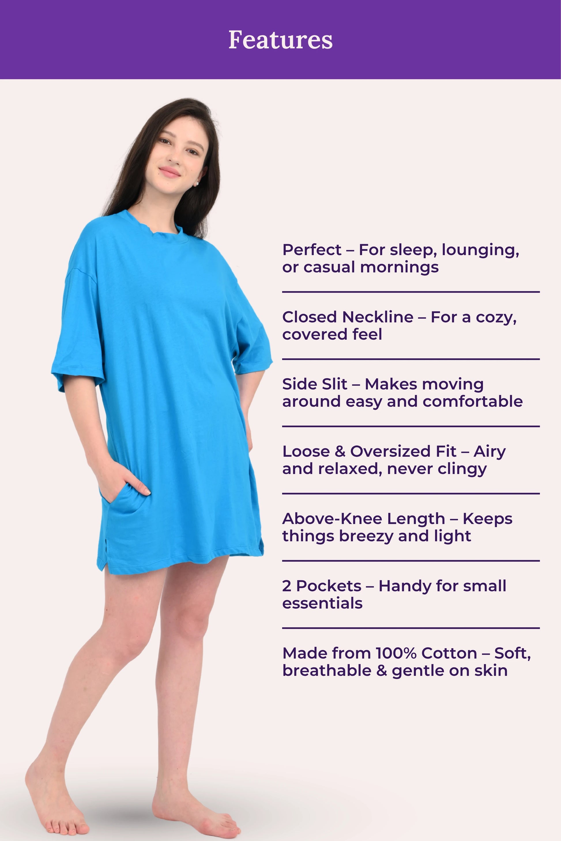 Woman wearing a bright blue nightshirt with features listed on a white background