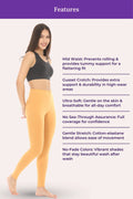 Woman wearing a sports bra and caramel leggings with feature text on a white background