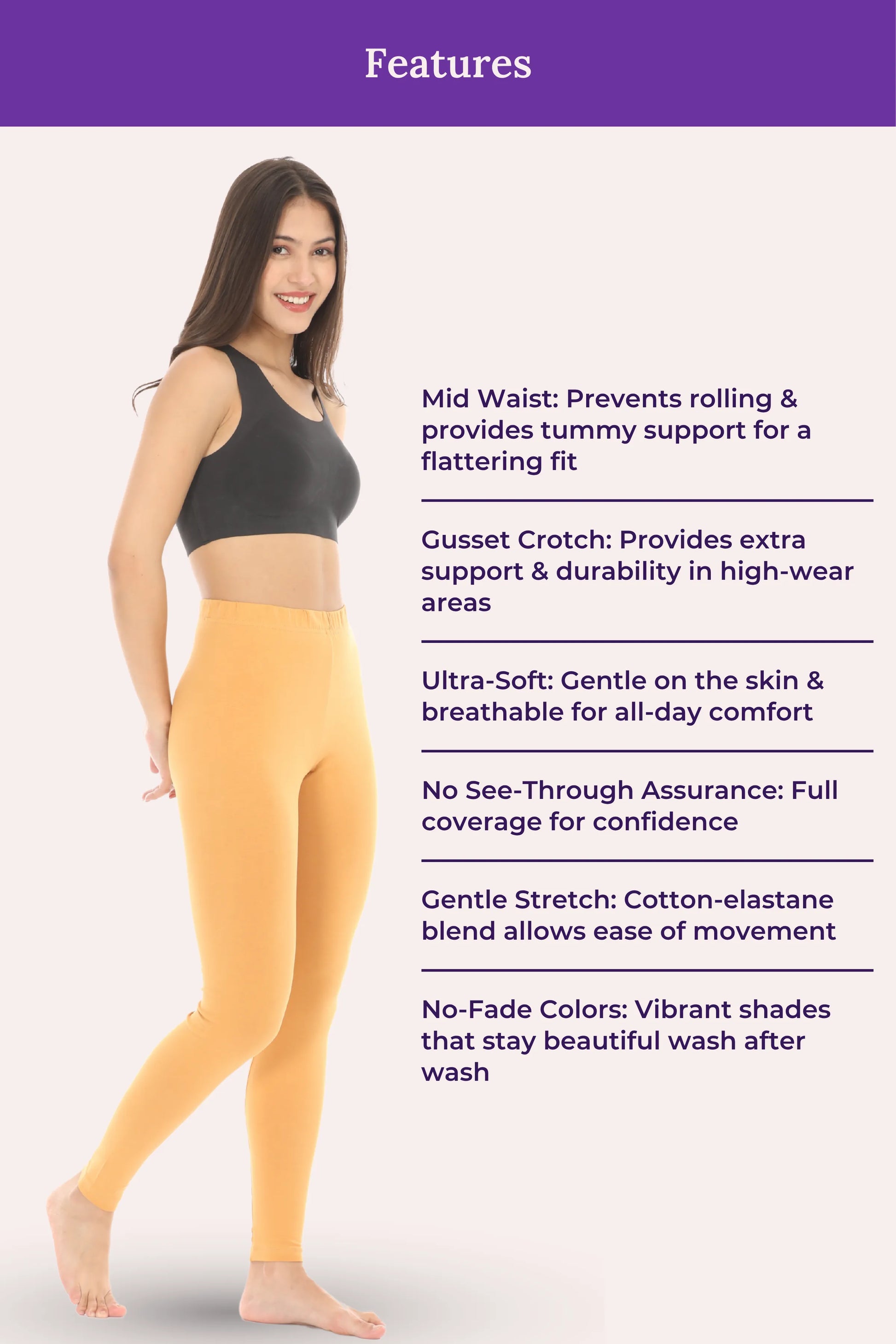 Woman wearing a sports bra and caramel leggings with feature text on a white background