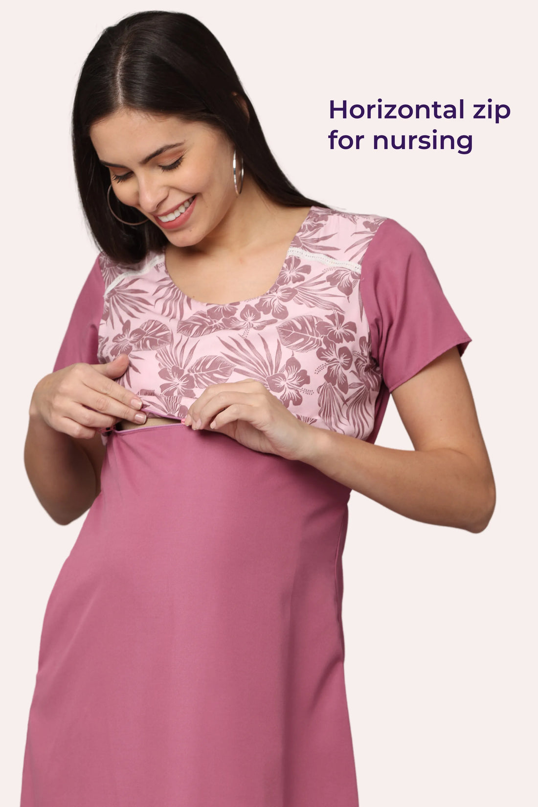 Dusty Rose Maternity Gown With Floral Yoke | Dual Horizontal Zip Closures | Ideal For Pregnancy & Breastfeeding