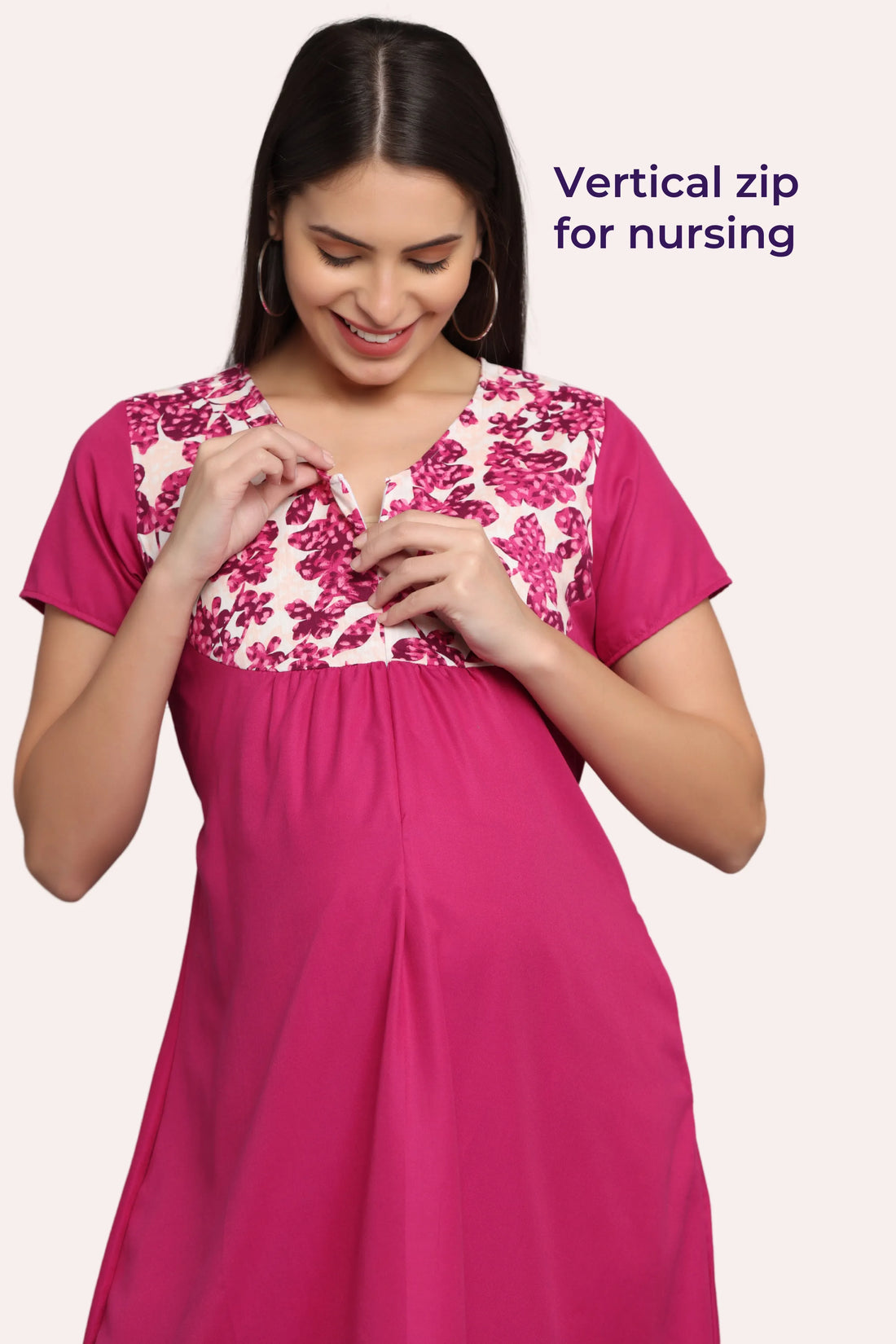 Elegant Pink Maternity Gown | Single Vertical Zip Closure | Ideal For Pregnancy & Breastfeeding