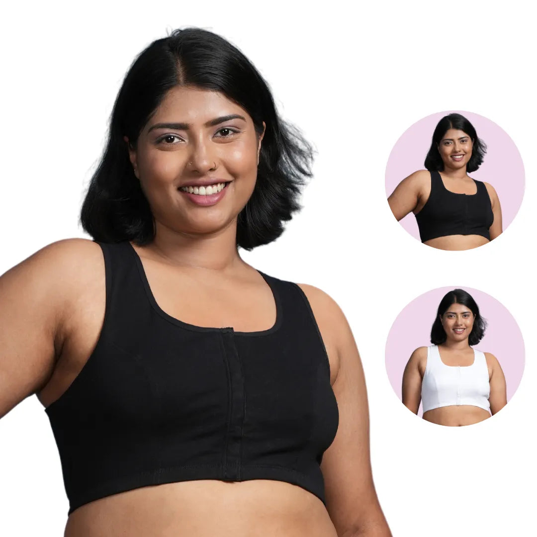 Front Open Cotton Bra India Black & White