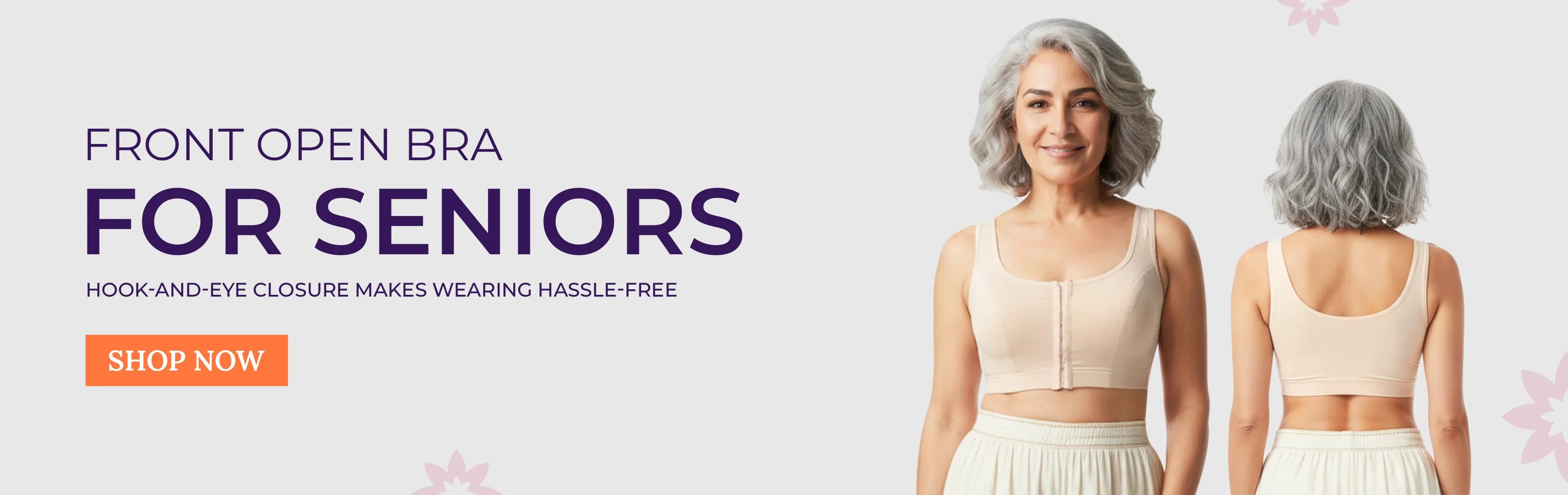 Woman wearing a front open bra for seniors with promotional text and call to action on a light background.slider_item_6TqU8R