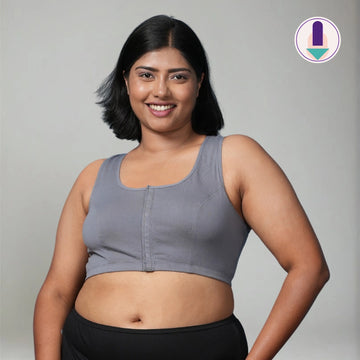 Image of curvy woman wearing a gray colour bras against a plain background - Click to Shop Now.