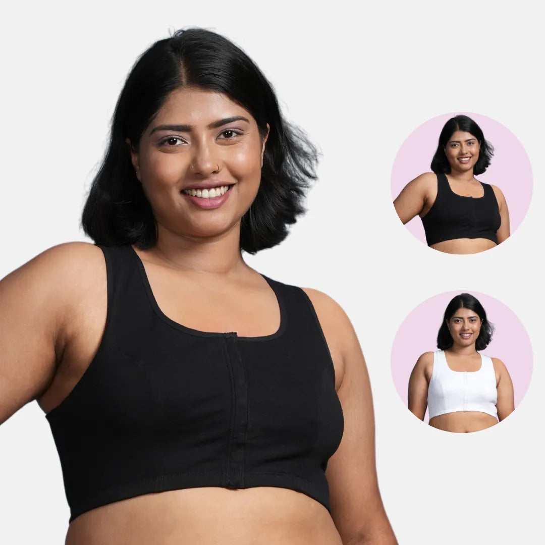 Front Open Cotton Bra India Black & White