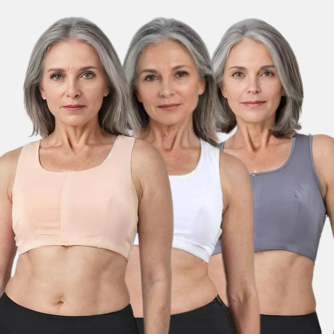 Front Opening Bras For Seniors Skin, Steel Grey & White 