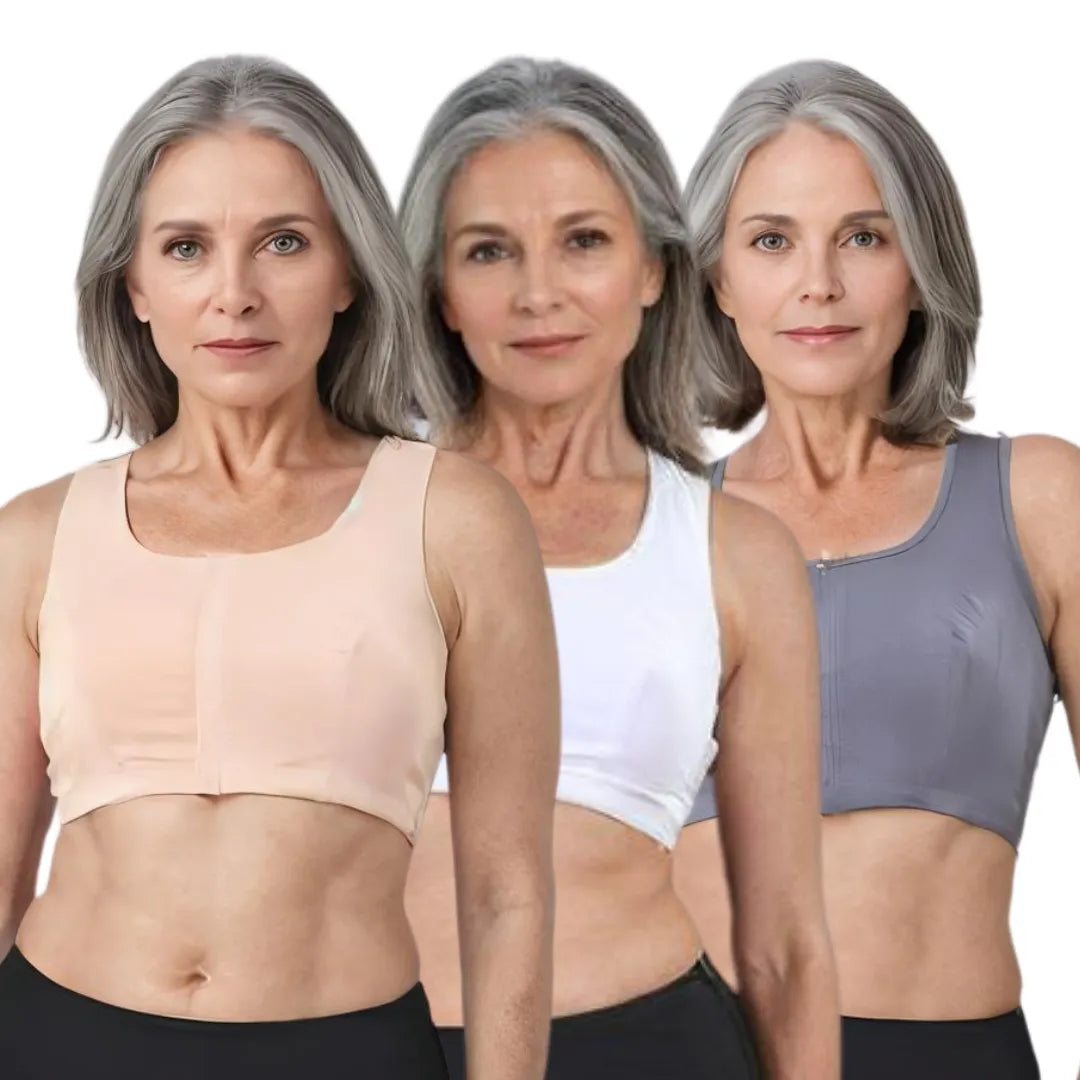 Front Opening Bras For Seniors Skin, Steel Grey & White 