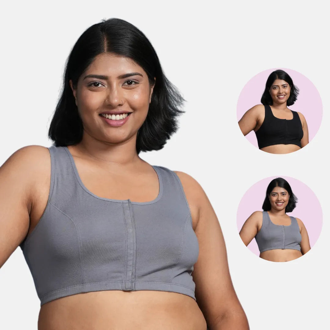 Front Open Cotton Bra Black & Skin