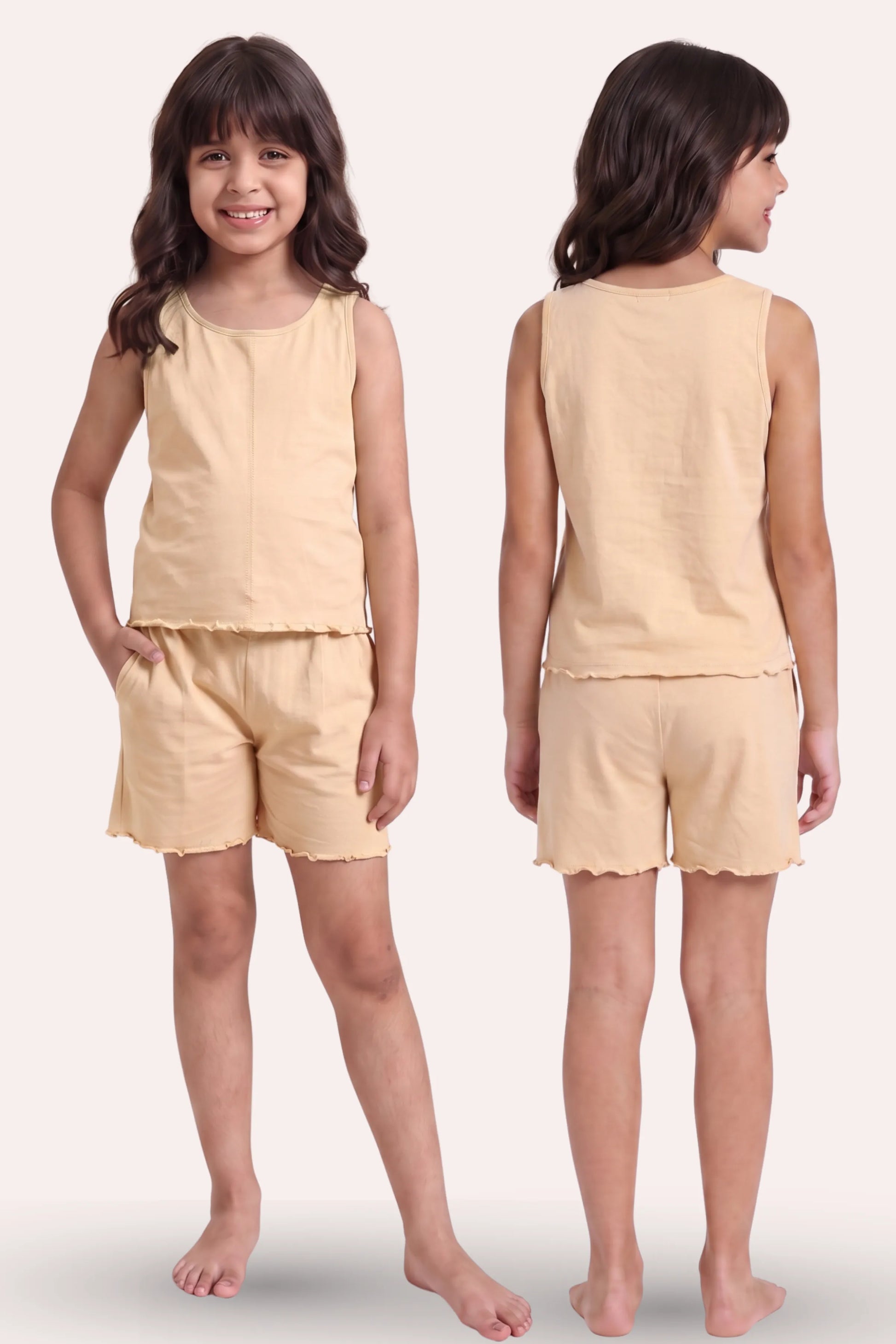 A young girl modeling a light beige linen two-piece set, shown from both the front and back views against a plain off-white background.