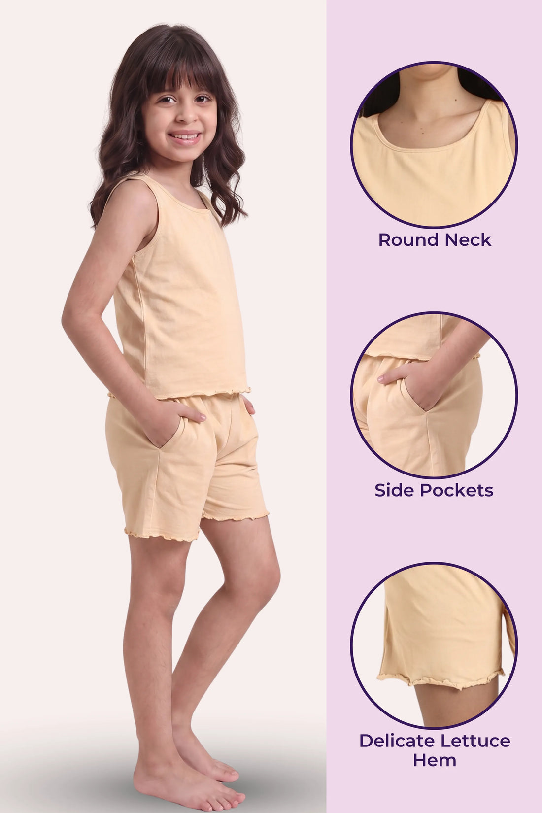 A young girl stands in a bright room wearing a light beige sleeveless top and matching shorts set. The image has a soft, warm glow with decorative sparkles and the text 'Musk Fragrance' in the top-left corner.