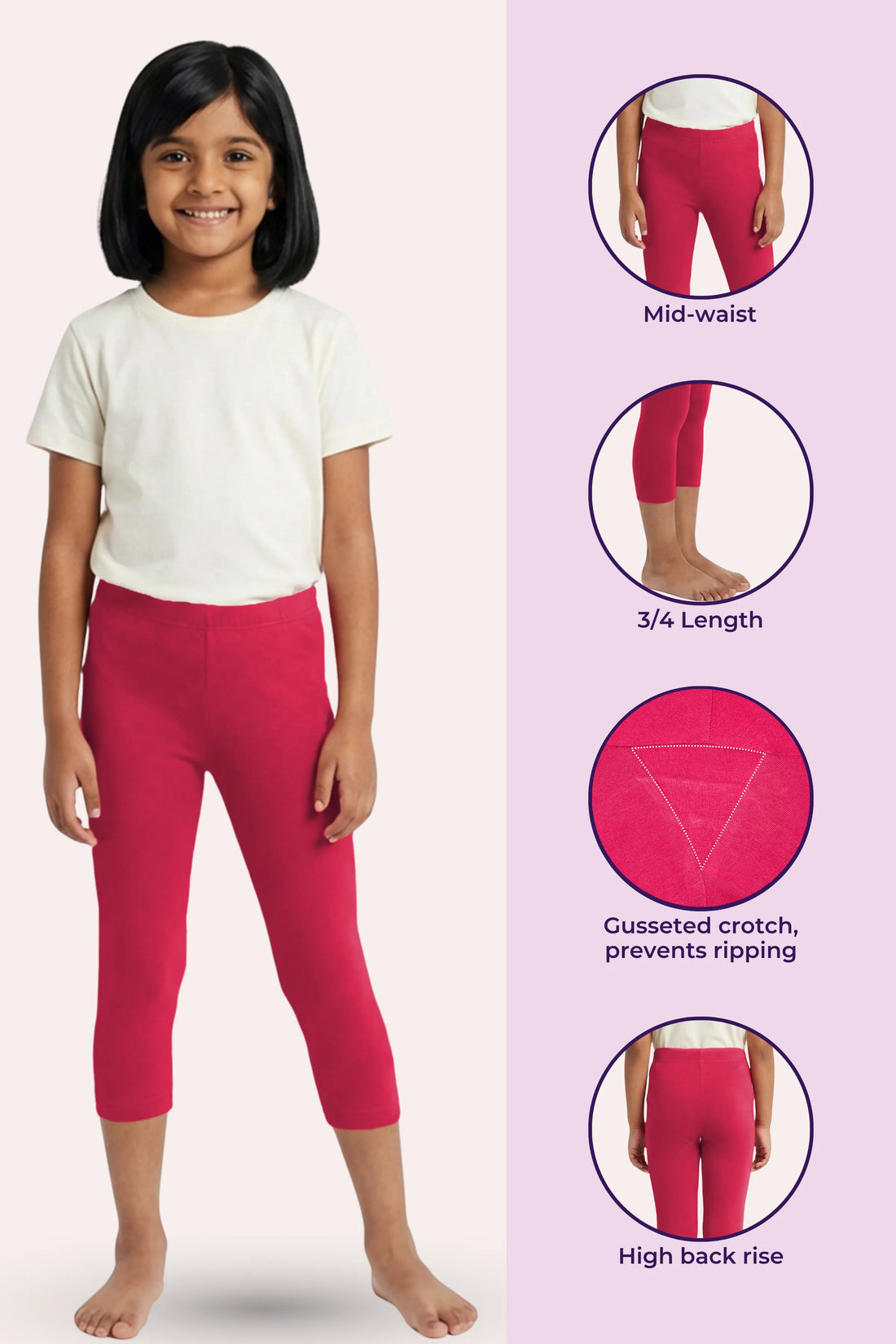 Girls’ Cropped Leggings | Mid Waist | 3/4 Length | Cotton–Elastane Blend | Non-See-Through | Gusset Crotch to Prevent Ripping