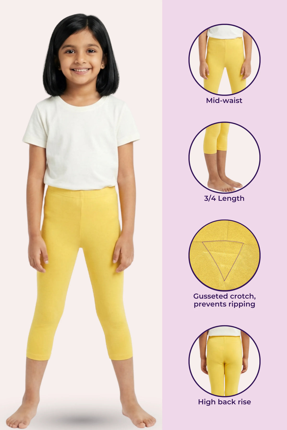 Girls’ Cropped Leggings | Mid Waist | 3/4 Length | Cotton–Elastane Blend | Non-See-Through | Gusset Crotch to Prevent Ripping