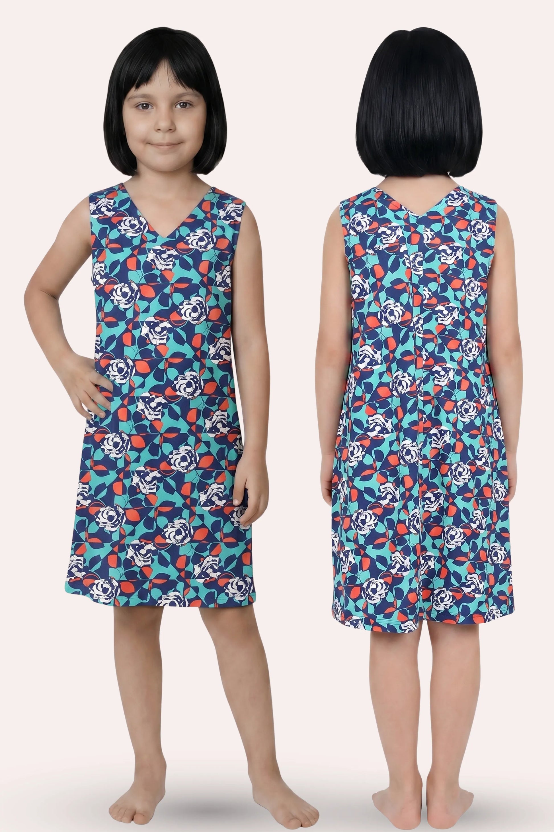 A girl model shown from the front and back wearing a sleeveless V-neck dress with blue floral aop.