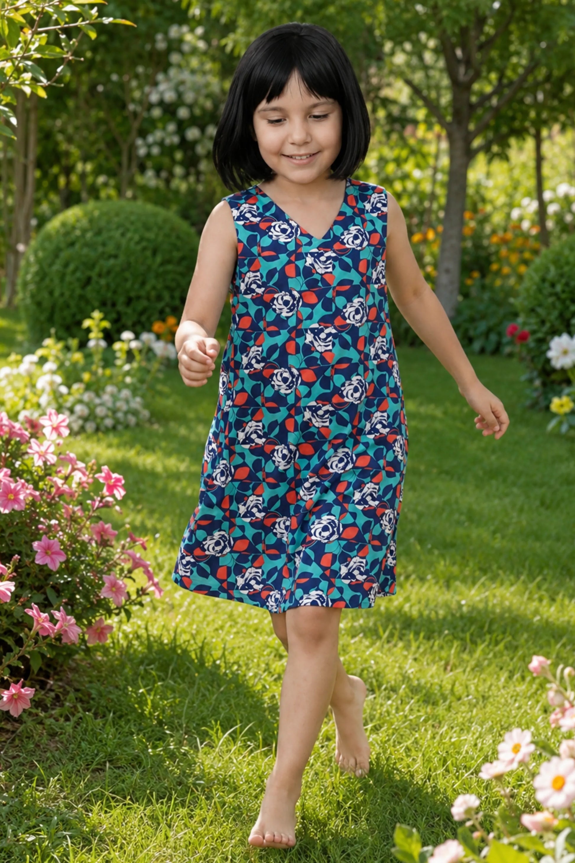 A young girl wearing a sleeveless V-neck dress with a blue floral aop.