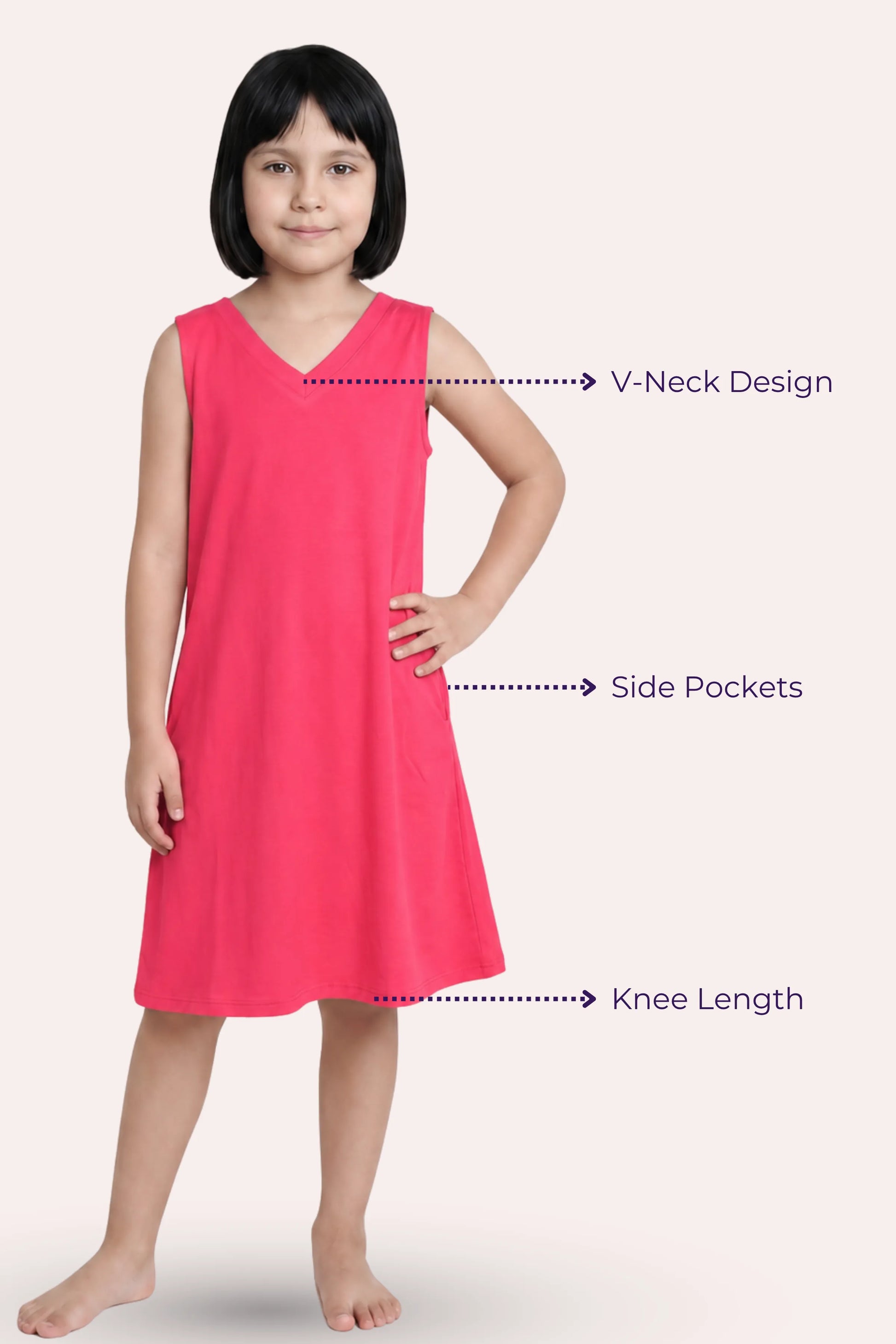 Girl wearing a dark pink dress with labeled features