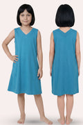 A girl modeling a sleeveless V-neck dress peacock blue color, shown from both the front and back views.