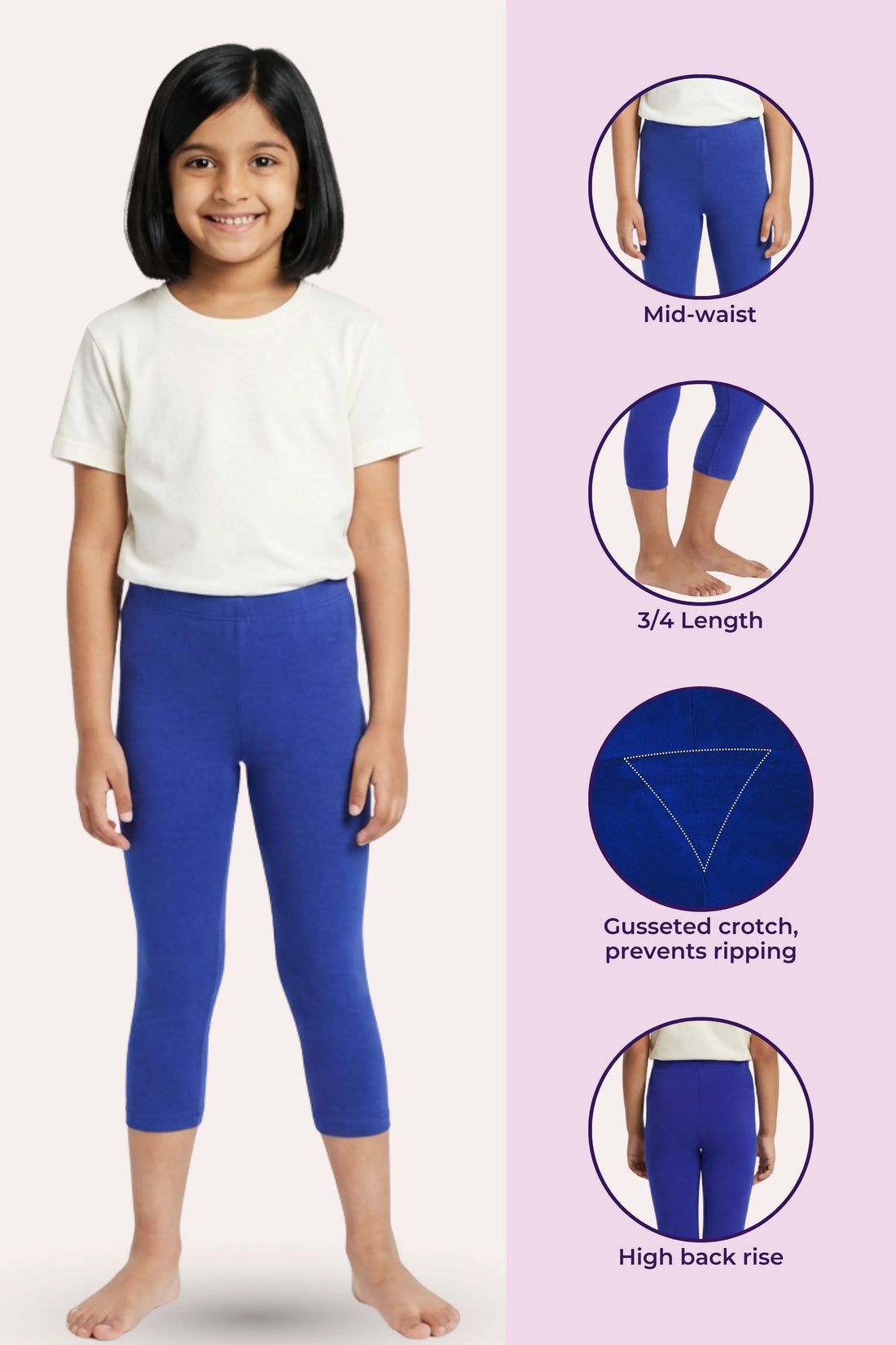 Girls’ Cropped Leggings | Mid Waist | 3/4 Length | Cotton–Elastane Blend | Non-See-Through | Gusset Crotch to Prevent Ripping