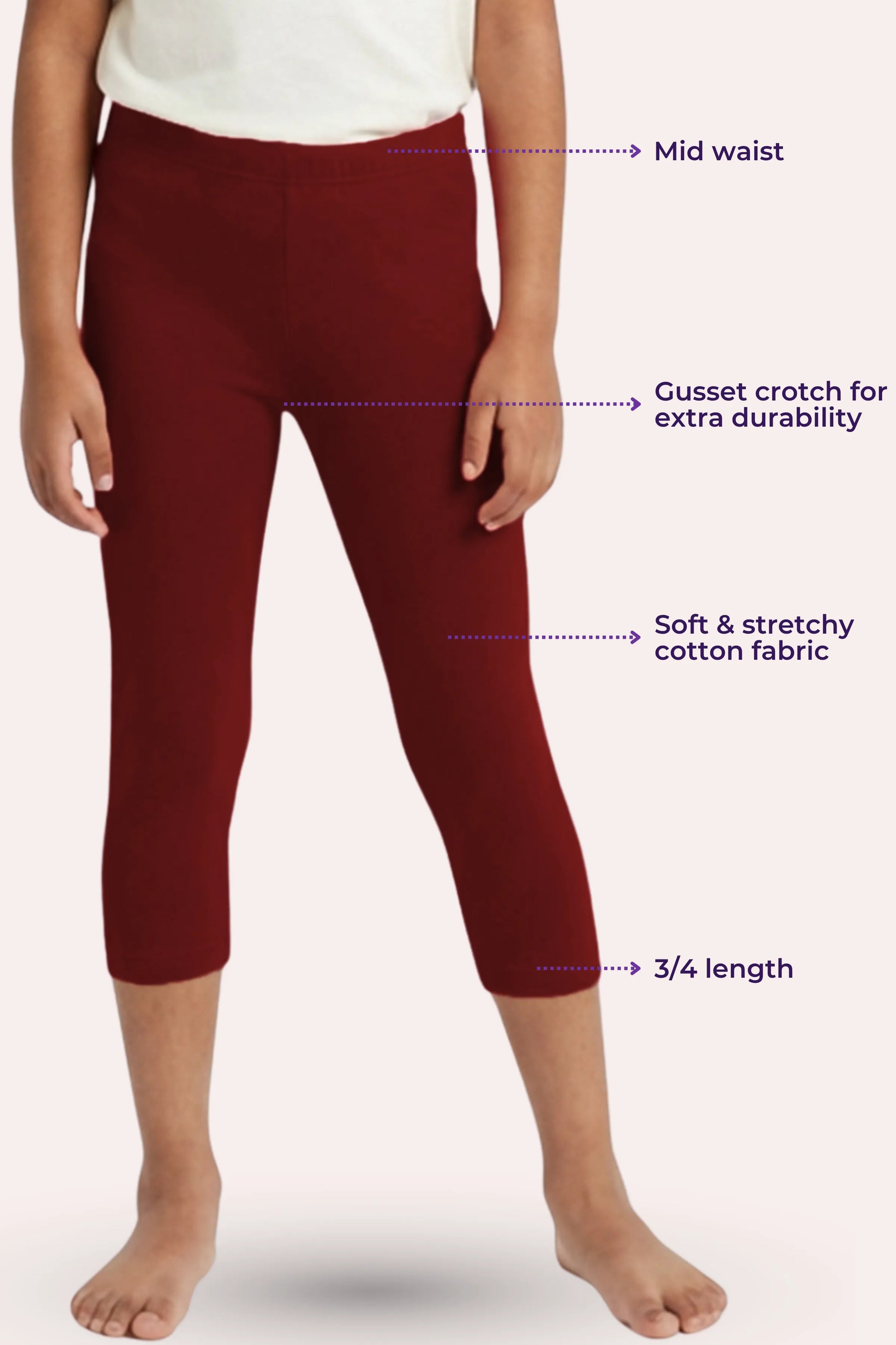 Girls' comfortable maroon cropped leggings