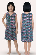 A girl modeling a sleeveless V-neck dress with black floral print, shown from both the front and back views