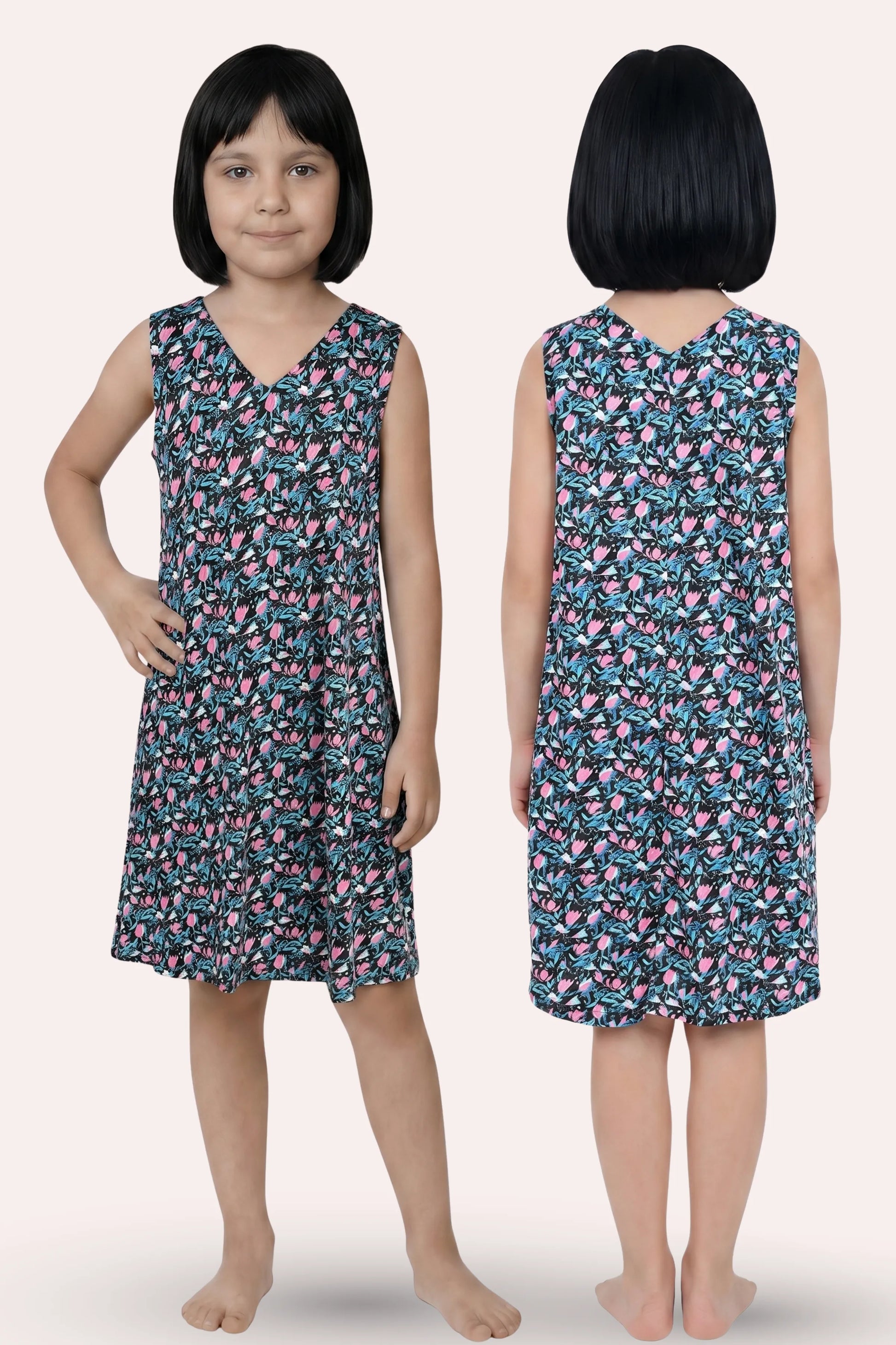 A girl modeling a sleeveless V-neck dress with black floral print, shown from both the front and back views