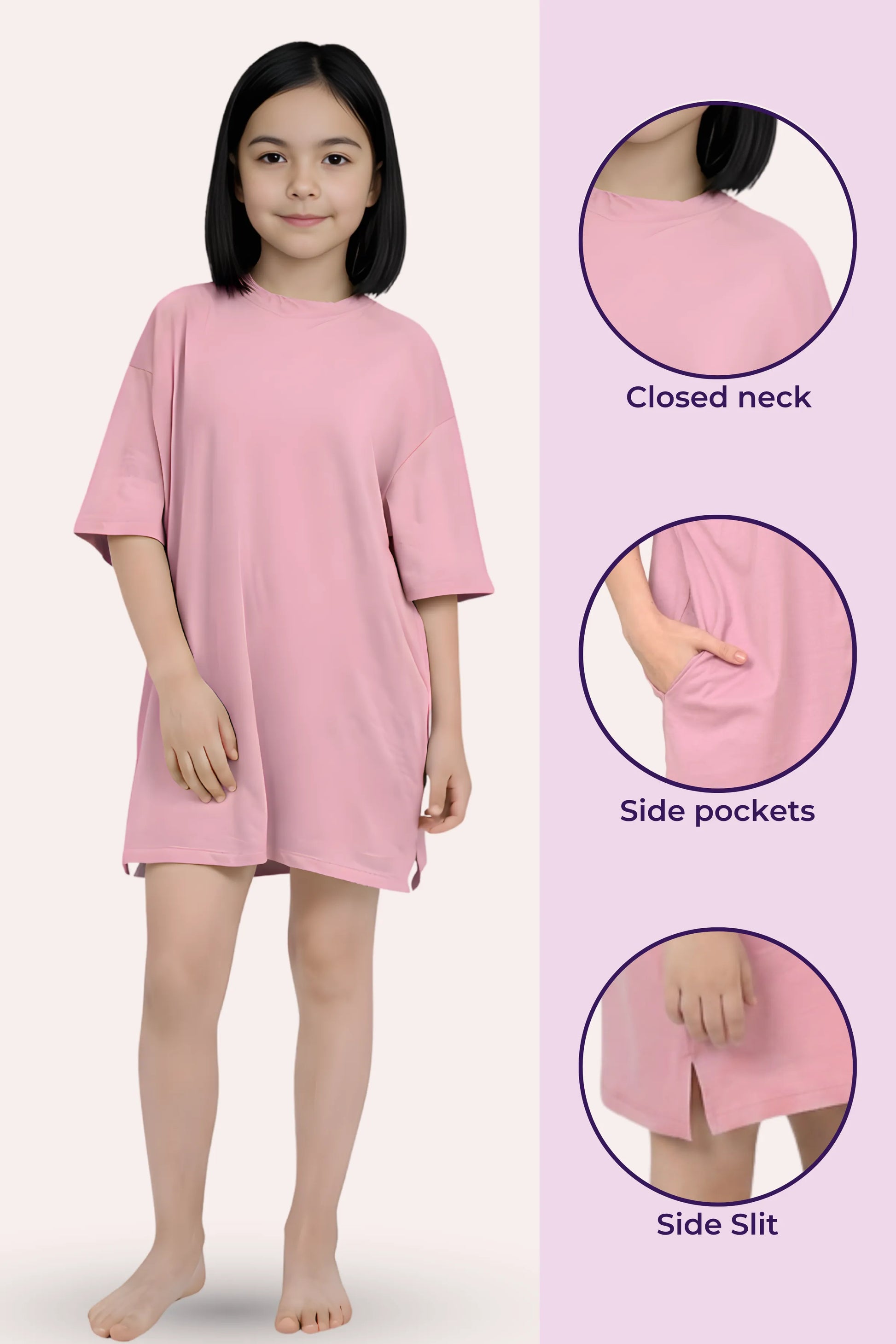 A girl wearing a light pink dress, with three circular detail callouts on the right highlight a closed neck, side pockets, and a side slit.