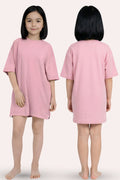 A girl oversized light pink t-shirt dress, shown from both the front and back views.