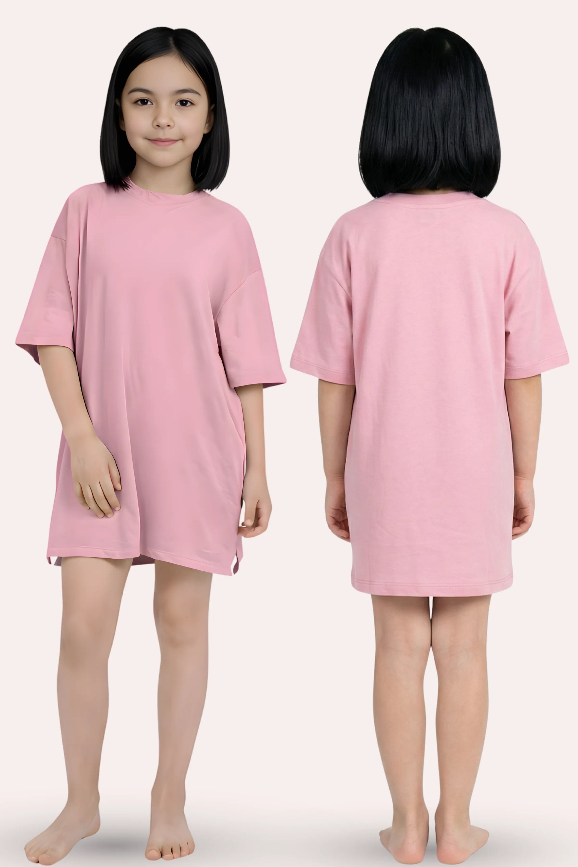 A girl oversized light pink t-shirt dress, shown from both the front and back views.