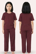 Girl wearing a wine outfit with front and back views