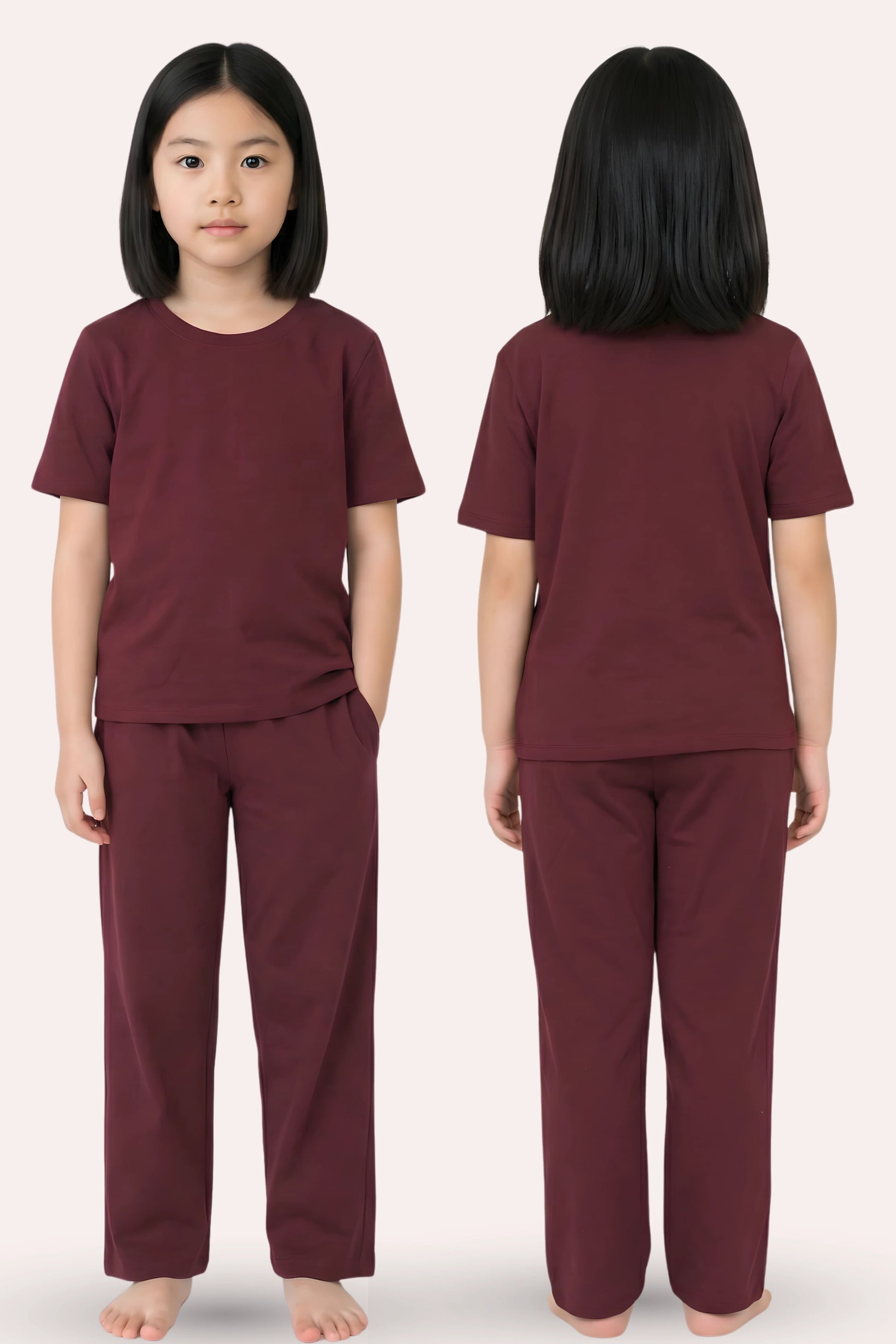 Girl wearing a wine outfit with front and back views