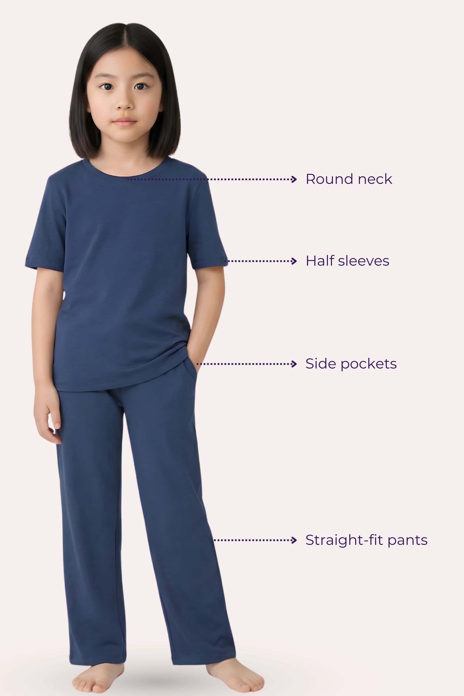 Girl wearing a airforce navy outfit with labeled features