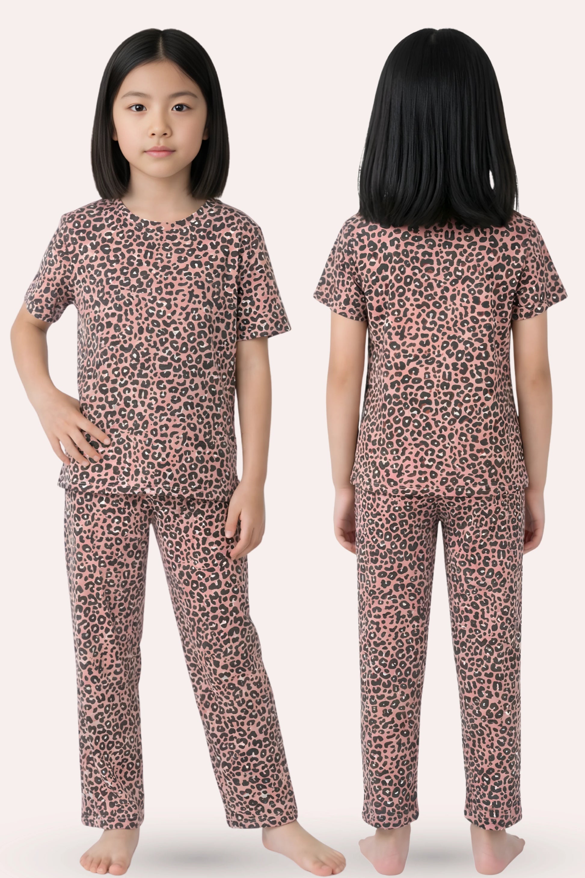 Girl wearing a brown leopard print pajama set from front and back views
