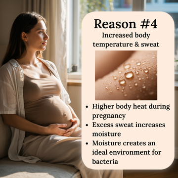 Pregnant woman sitting by a window with text about increased body temperature and sweat during pregnancy.