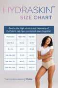 Hydraskin size chart with a model wearing M size clothing on a white background