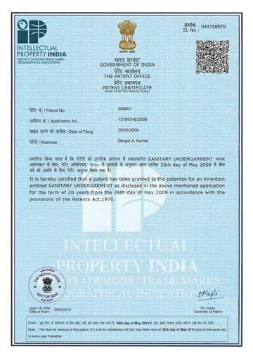 Adira's INDIA Patent Certificate for Sanitary Undergarments