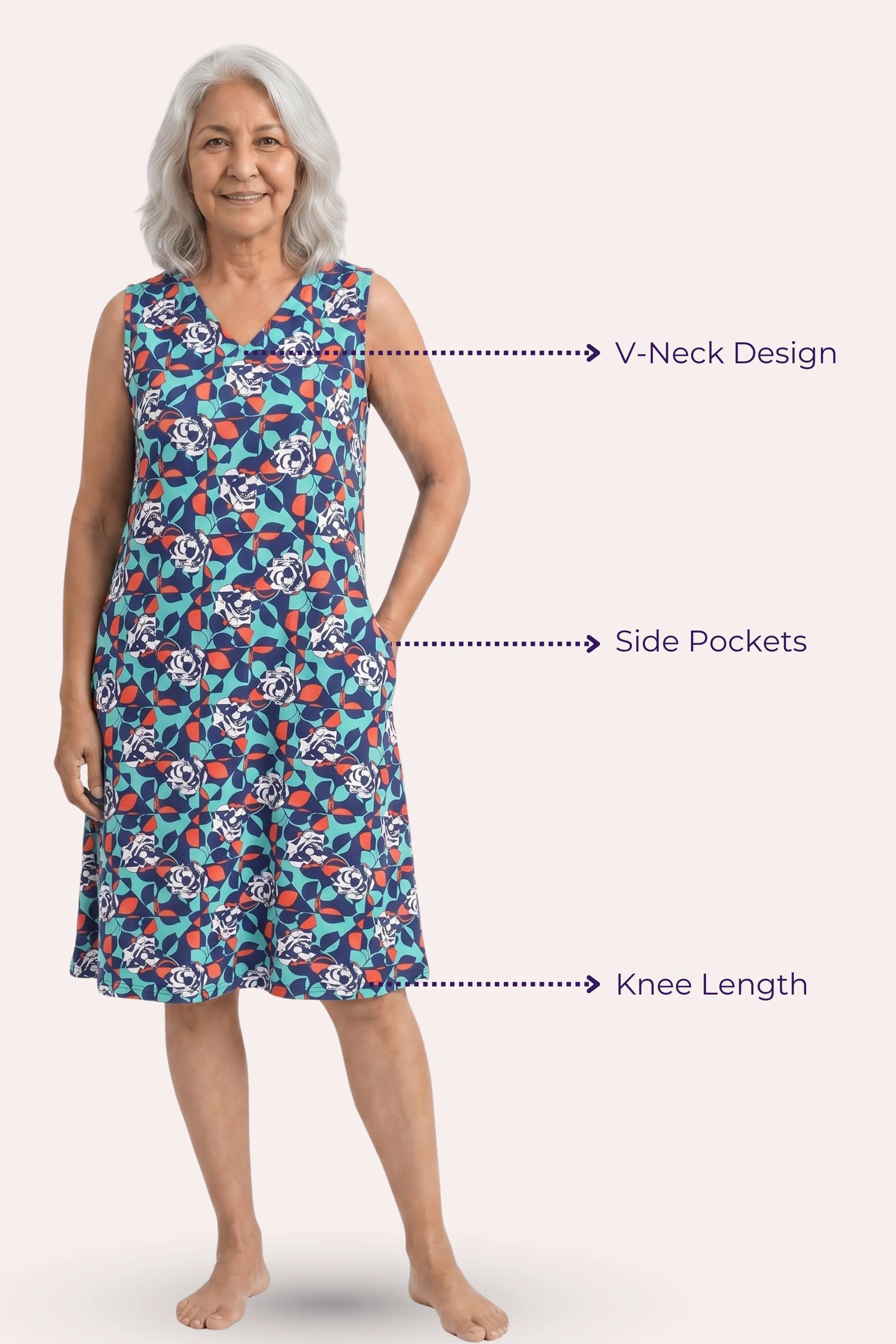 A elder woman wearing a sleeveless knee-length nightgown with callout features